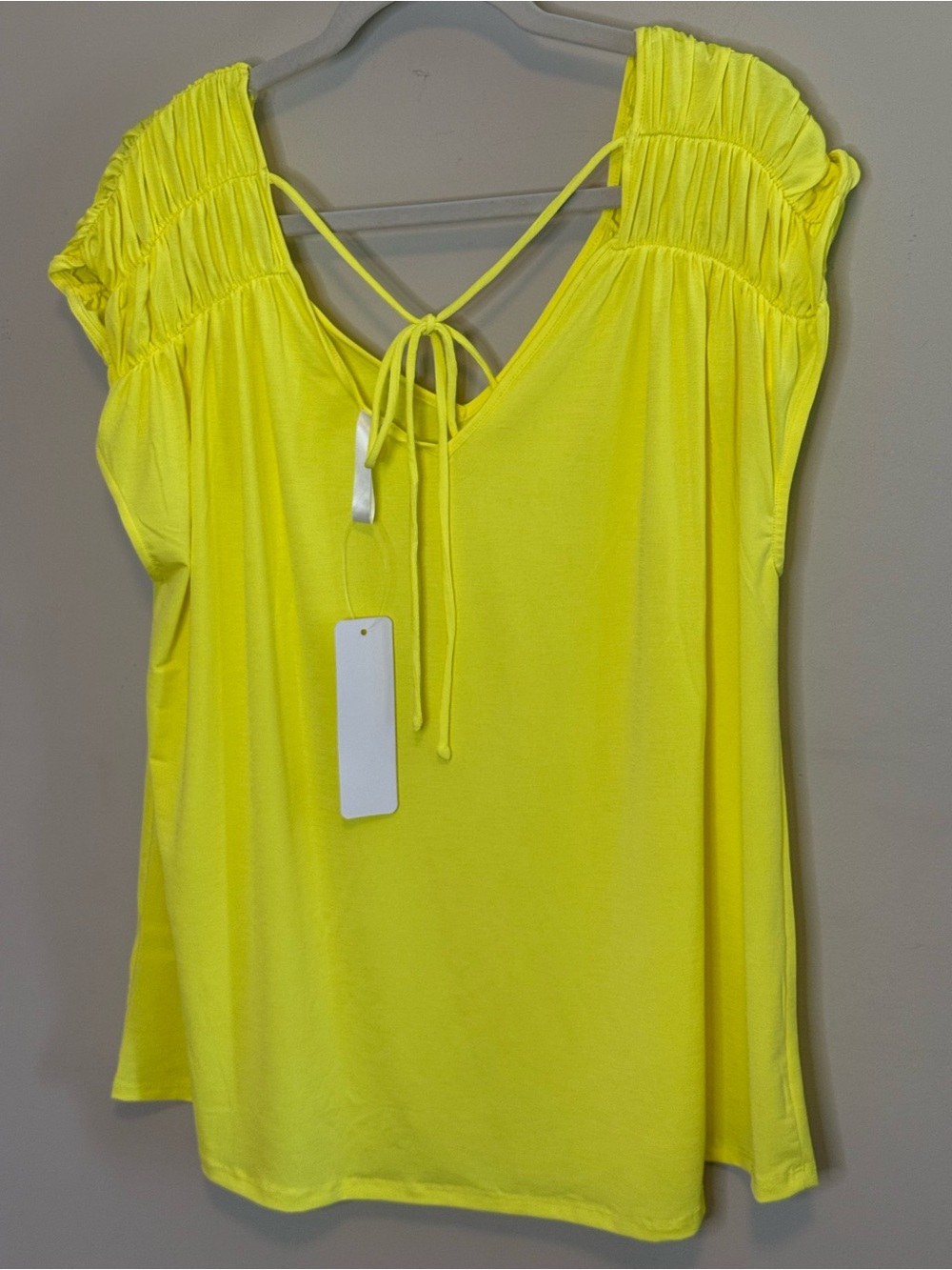 NWT -Dear Scarlett V-Neck Ruched Sleeve Blouse in Neon Yellow-Sizes XL, 2XL, 3XL - Picture 6 of 9